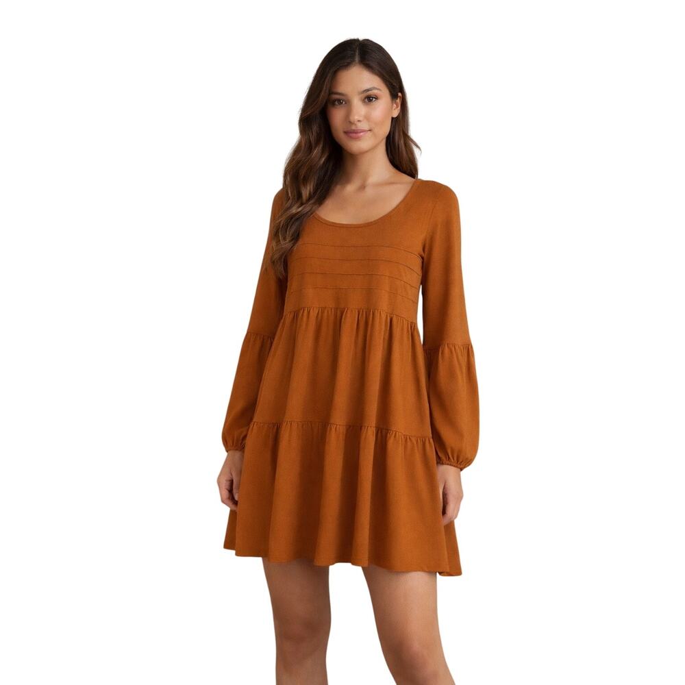 Caramel 3/4 Sleeve Shift Dress Size S Stretch Casual Minimalist Mini Dress